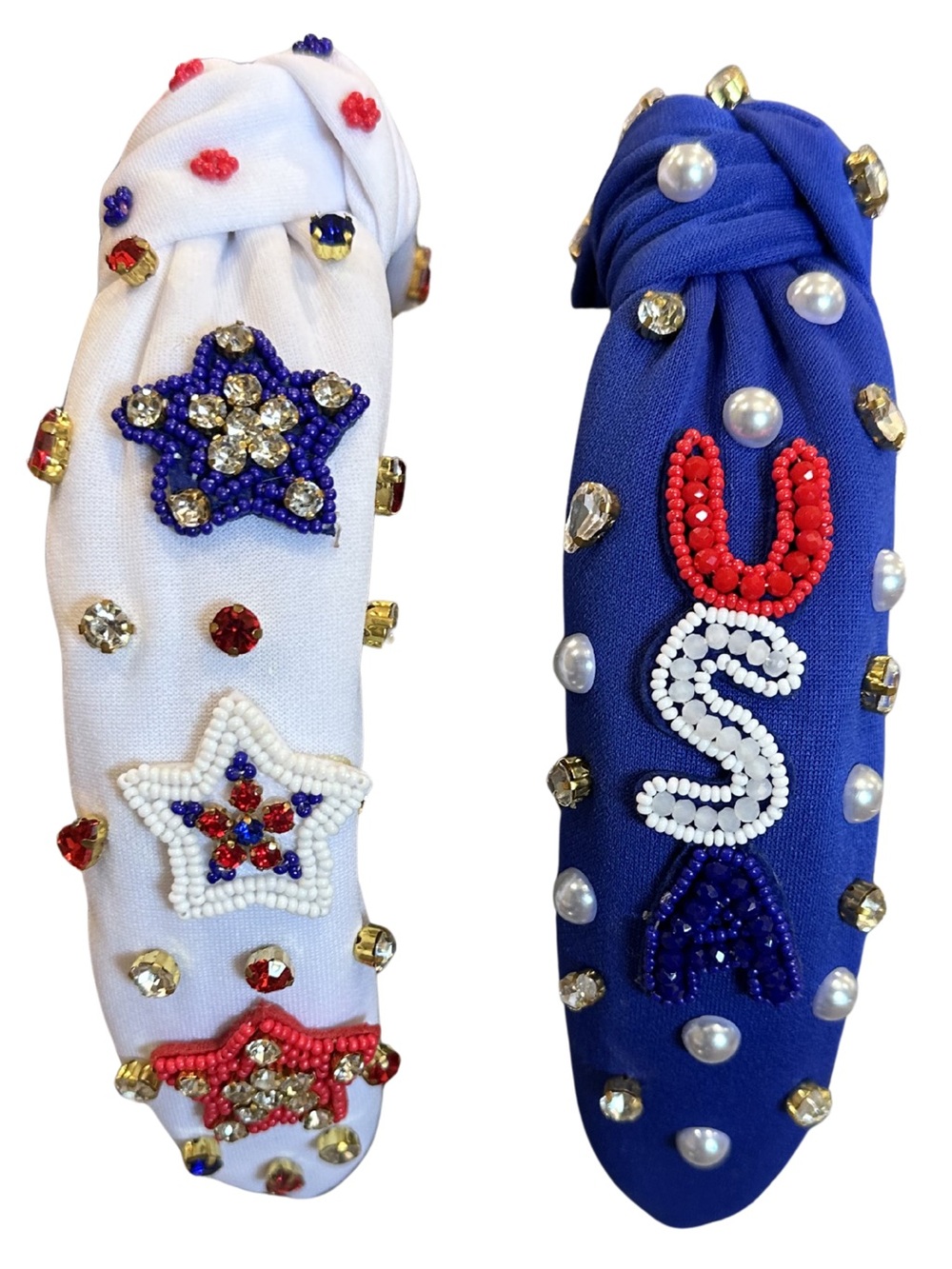 Patriotic Beaded Knot Headbands Set of Two Red White Blue Gold USA America Stars